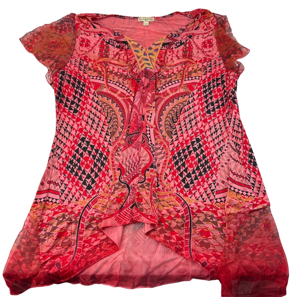 Live and Let Live Woman Red Geometric Beaded V-Neck Tunic Top Plus Size 2X
